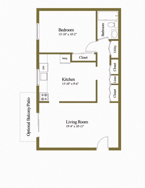 Floor plan for 1 bed, 1 bath, 732 sqft